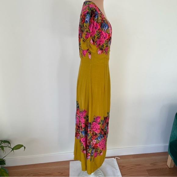 Free People Golden Yellow Floral Print Button Front Jaimie Midi Dress Size XS - Picture 5 of 9